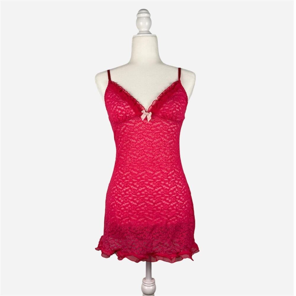 Hot pink lace sheer lingerie mini dress bow ruffles Victorias Secret large